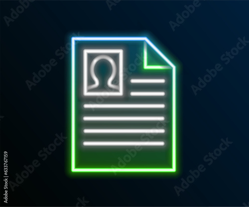 Glowing neon line Resume icon isolated on black background. CV application. Searching professional staff. Analyzing personnel resume. Colorful outline concept. Vector