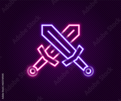 Glowing neon line Crossed medieval sword icon isolated on black background. Medieval weapon. Colorful outline concept. Vector