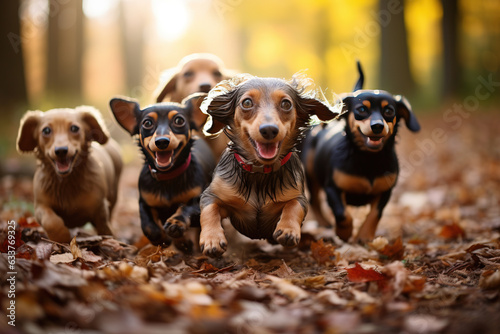 Cute funny Dachshund dogs group running and playing on green grass in park in autumns photo