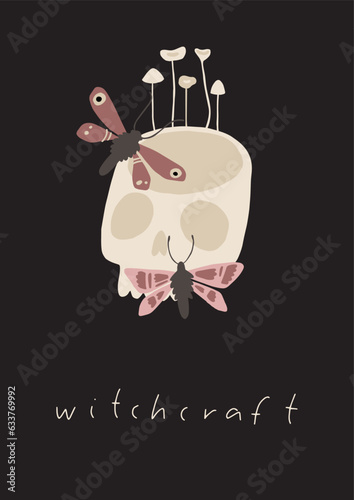 Modern witch aesthetic botanical poster or card. Mystery green witch magic powers elements. Cute feminine mystical herbs, books, flowers. Vector illustration. Witchcraft art. Esoteric, hand drawn