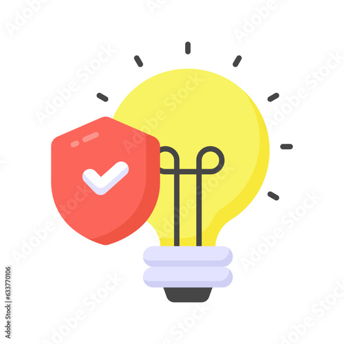 Safety shield with tick mark inside light bulb, concept of idea protection icon