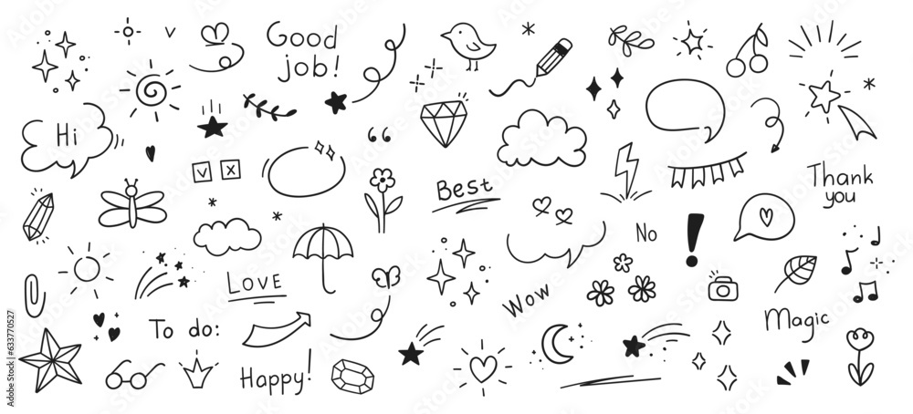 Cute Doodle pen line elements. Heart, bubble, doodle, arrow, star, icon, shiny ornaments set. Simple drawing in line style sketch, attention, lettering, text, pattern elements. Vector illustration. Cute Doodle pen line elements. Heart, bubble, doodle, arrow, star, icon, shiny ornaments set. Simple drawing in line style sketch, attention, lettering, text, pattern elements. Vector illustration.