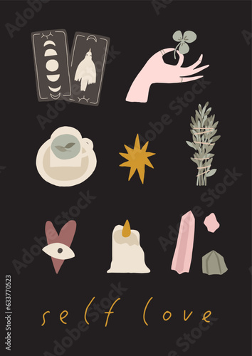 Modern witch aesthetic botanical poster or card. Mystery green witch magic powers elements. Cute feminine mystical herbs, books, flowers. Vector illustration. Witchcraft art. Esoteric, hand drawn