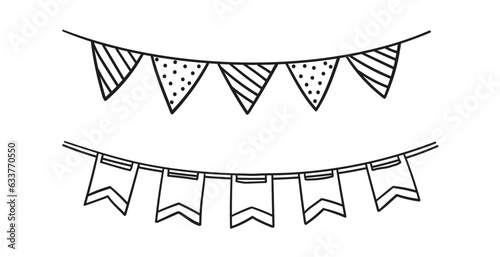 Set of Doodle flags for decoration. Garland black lines sketch. hand drawn vector illustration. Drawing doodles. holiday oatmeal
