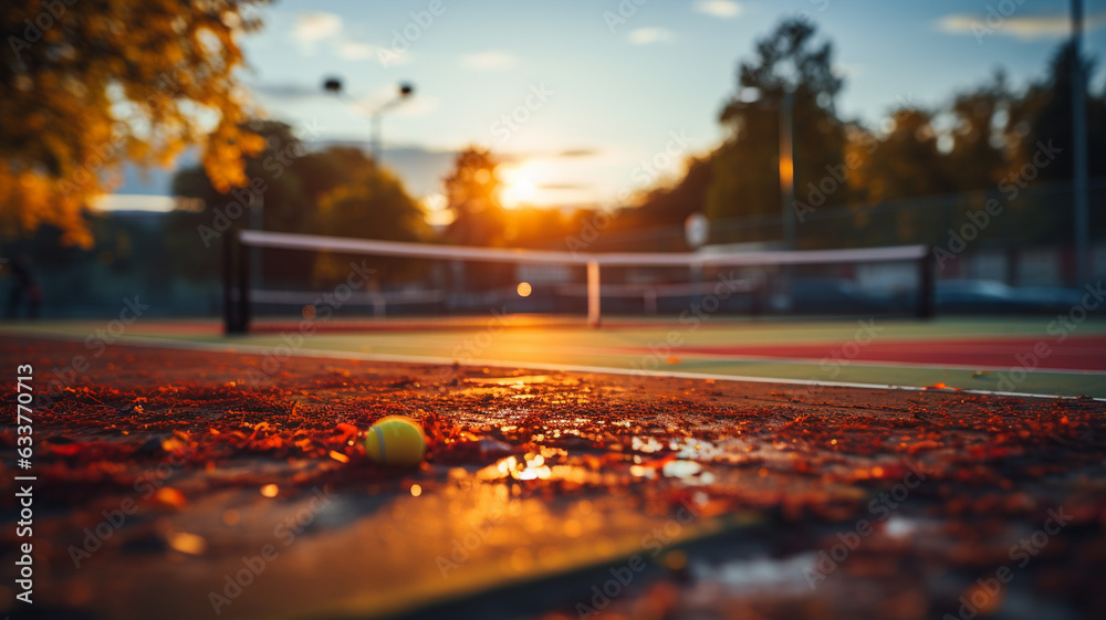 tennis racket and balls on a tennis court