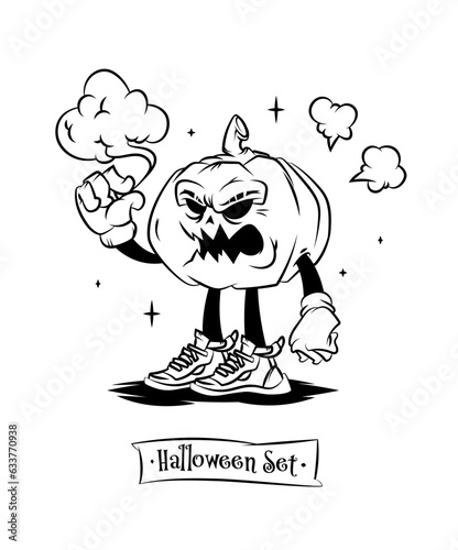 Set of tattoo vector characters for halloween. Beautiful illustrations with characters for t-shirts. Evil Pumpkin in sneakers caught a cloud.