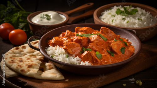 Hot spicy chicken tikka masala in bowl. Chicken curry with rice, indian naan butter bread, spices, herbs. Traditional Indian/British dish, popular indian curry in UK
