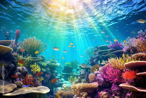 Beautiful scenery of underwater coral reefs shining in the sunlight from the sky Fototapet