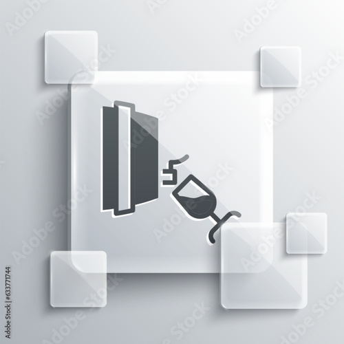 Grey Wine tasting, degustation icon isolated on grey background. Wooden barrel for wine with glass. Square glass panels. Vector