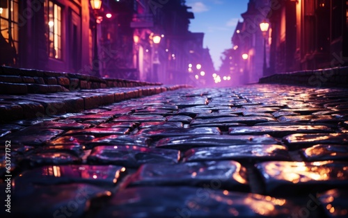 cobblestone pavement in purple the sunlight, concept of night city