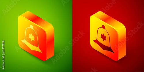Isometric British police helmet icon isolated on green and red background. Square button. Vector