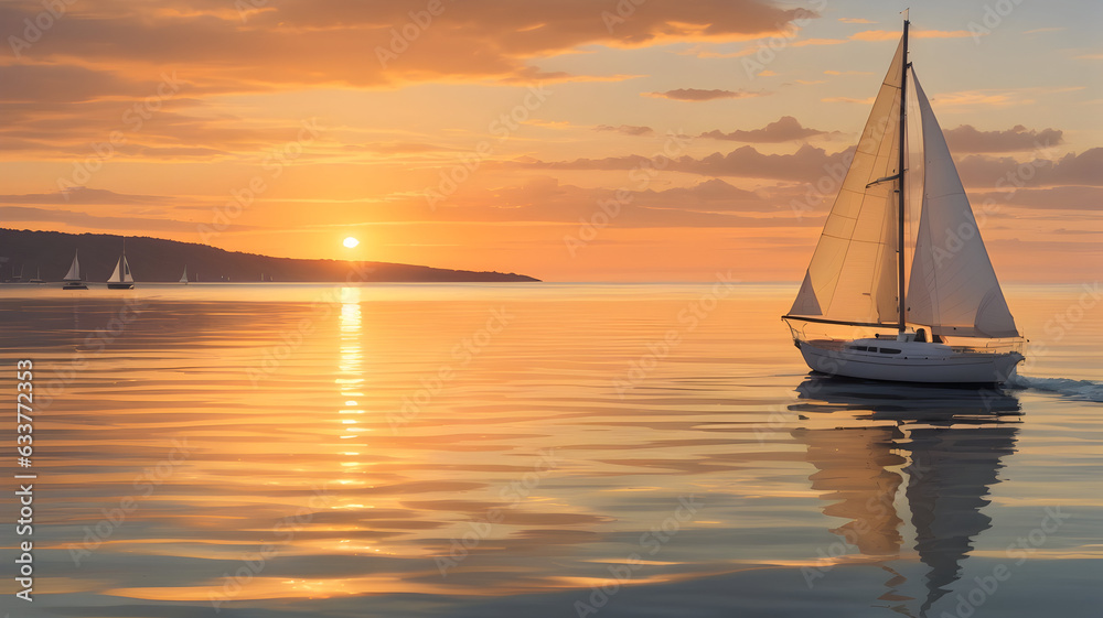 Serenity of ocean sunset: Golden sun dipping, sailboat silhouettes. Tranquil scene in soft twilight light. High-res masterpiece capturing beauty.