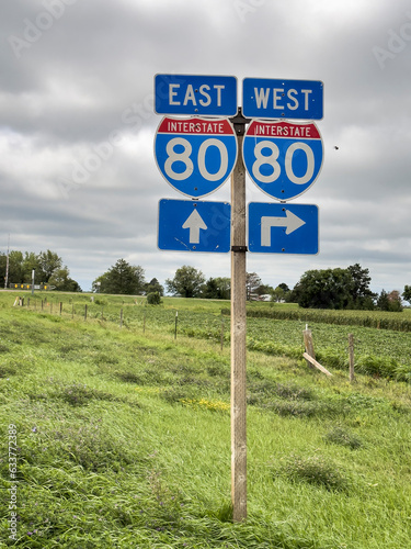 interstate highway 80 direction road signs in rural Nebraska photo