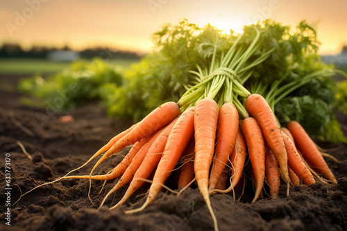 Fresh ripe carrots in the farm fields. Organic and ecological food produce and harvest. Generative Ai