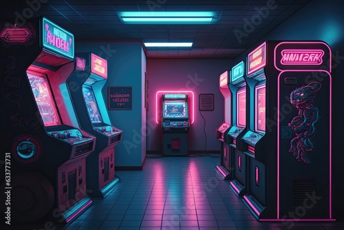 A deserted arcade, neon lights flickering and casting an eerie glow on the abandoned machines. Generative AI © Marharyta