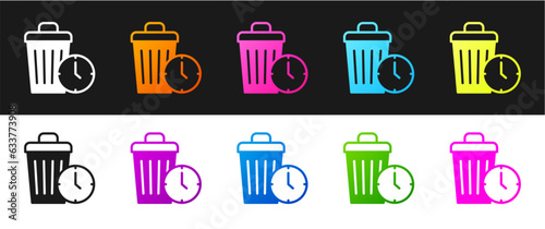 Set Waste of time icon isolated on black and white background. Trash can. Garbage bin sign. Recycle basket icon. Office trash icon. Vector