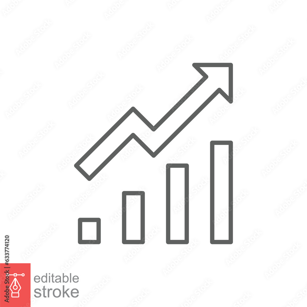 Profit growth icon. Simple outline style. Growing bars graphic, rising arrow, infographic, business concept. Thin line symbol. Vector illustration isolated on white background. Editable stroke EPS 10. Profit growth icon. Simple outline style. Growing bars graphic, rising arrow, infographic, business concept. Thin line symbol. Vector illustration isolated on white background. Editable stroke EPS 10.
