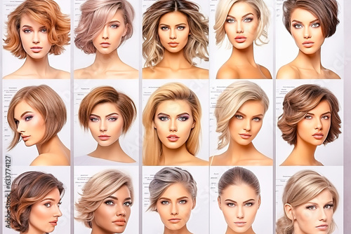 Catalog with examples of women's haircuts and coloring.