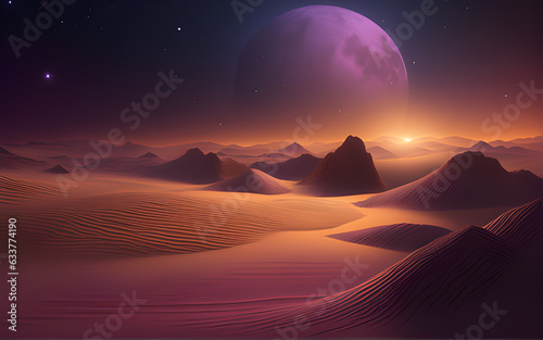 Otherworldly landscape with desert hills and a purple moon gener