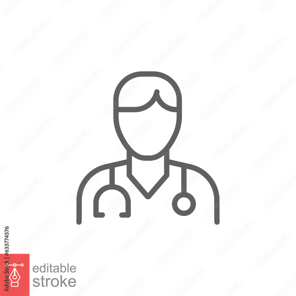 Male doctor icon. Simple outline style. Doctor with stethoscope, man, medic, healthcare, medical concept. Thin line symbol. Vector illustration isolated on white background. Editable stroke EPS 10. Male doctor icon. Simple outline style. Doctor with stethoscope, man, medic, healthcare, medical concept. Thin line symbol. Vector illustration isolated on white background. Editable stroke EPS 10.