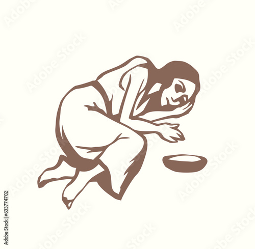 Girl suffering from hunger. Vector drawing