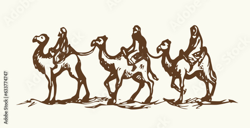 Camel caravan travels. Vector drawing