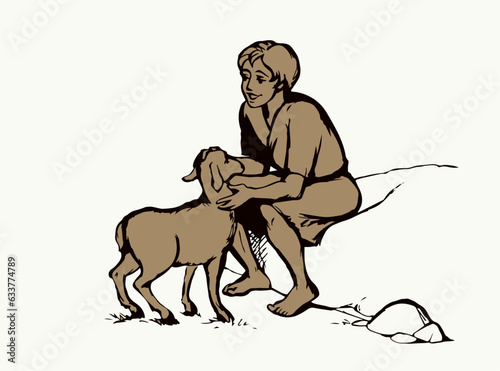 Shepherd with sheep. Vector drawing
