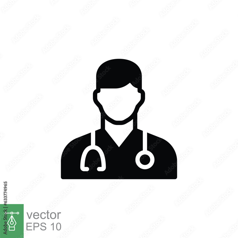Male doctor icon. Simple solid style. Doctor with stethoscope, man, medic, healthcare, medical concept. Black silhouette, glyph symbol. Vector illustration isolated on white background. EPS 10. Male doctor icon. Simple solid style. Doctor with stethoscope, man, medic, healthcare, medical concept. Black silhouette, glyph symbol. Vector illustration isolated on white background. EPS 10.