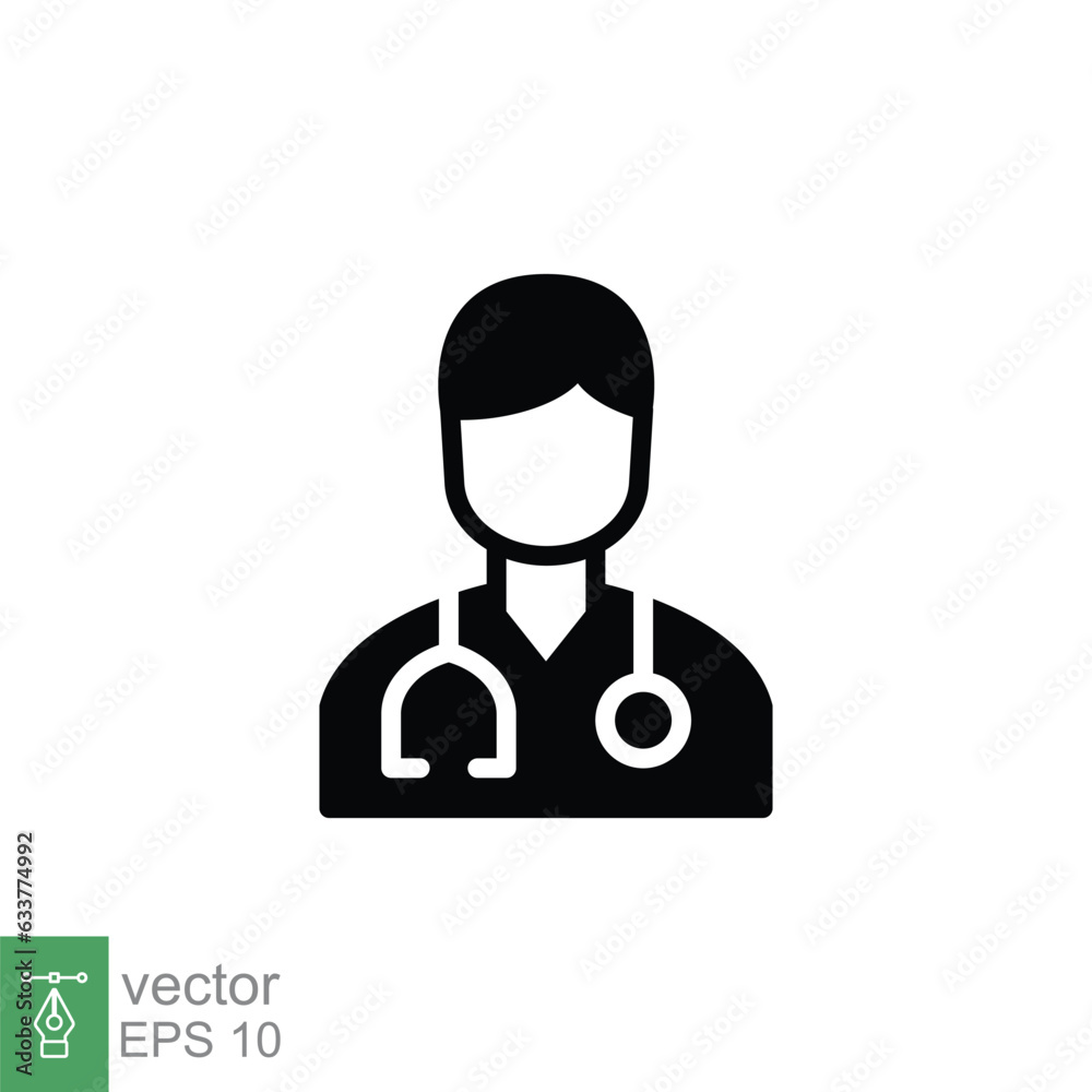 Male doctor icon. Simple solid style. Doctor with stethoscope, man, medic, healthcare, medical concept. Black silhouette, glyph symbol. Vector illustration isolated on white background. EPS 10. Male doctor icon. Simple solid style. Doctor with stethoscope, man, medic, healthcare, medical concept. Black silhouette, glyph symbol. Vector illustration isolated on white background. EPS 10.