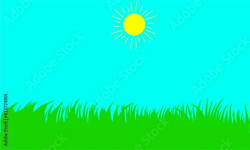 Clear blue sky with yellow sun and green grass in the meadow. Vector design.