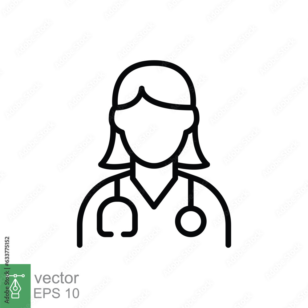Female doctor icon. Simple outline style. Doctor with stethoscope, woman, medic, healthcare, medical concept. Thin line symbol. Vector illustration isolated on white background. EPS 10. Female doctor icon. Simple outline style. Doctor with stethoscope, woman, medic, healthcare, medical concept. Thin line symbol. Vector illustration isolated on white background. EPS 10.