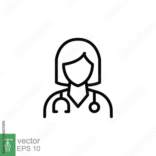 Female doctor icon. Simple outline style. Doctor with stethoscope, woman, medic, healthcare, medical concept. Thin line symbol. Vector illustration isolated on white background. EPS 10.