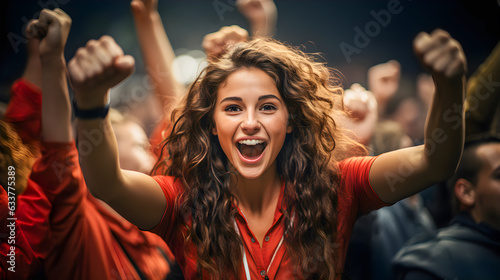 Woman in the stands of a soccer match celebrating with her arms in the air a goal or her team's victory. Women's soccer. © JMarques