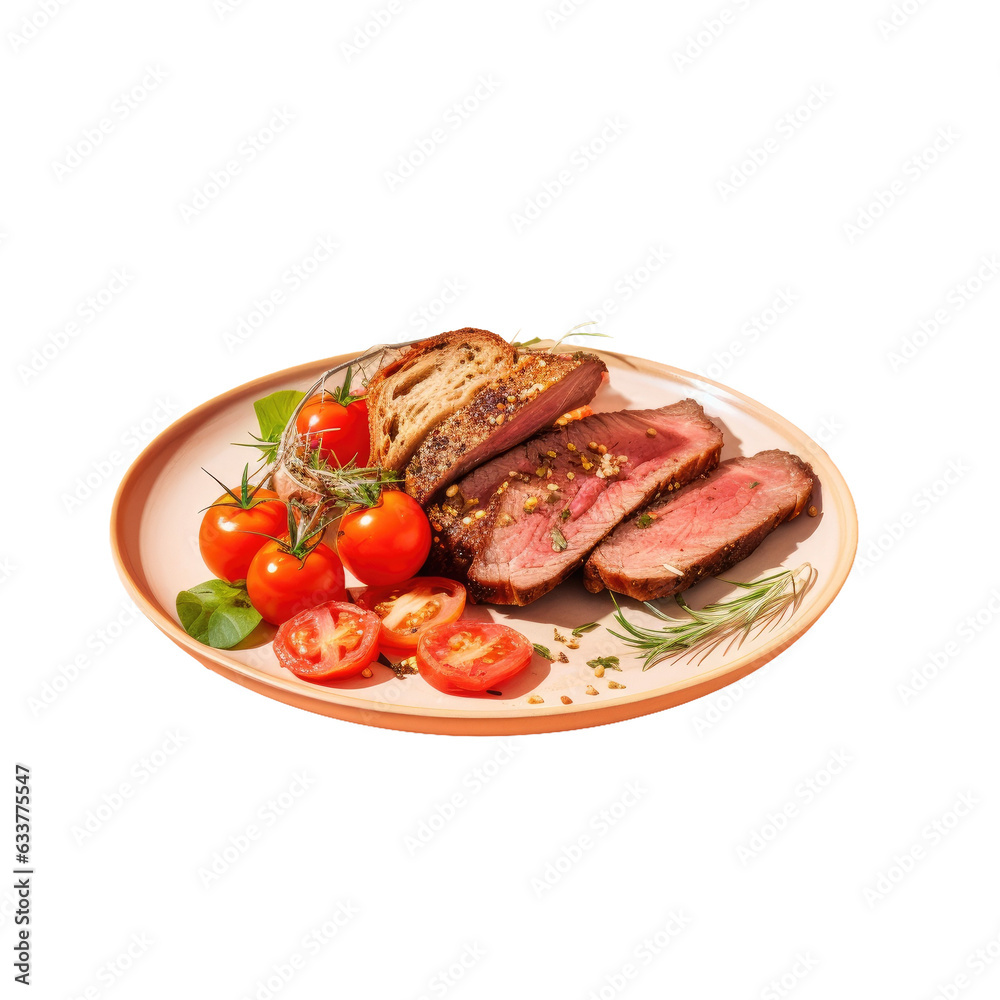 Roast red meat slices with tomatoes sprouts and bread served on transparent background plate isolated on transparent background