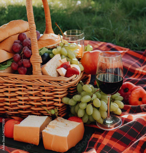 picnic basket with wine and fruits