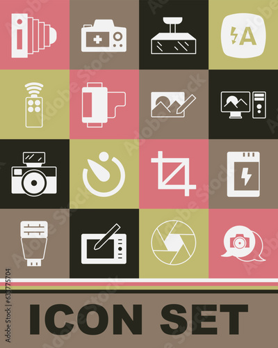 Set Photo camera, Battery for, retouching, Softbox light, Camera roll cartridge, Remote control, and icon. Vector