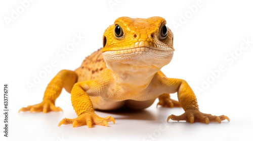 Cute small yellow colored lizard isolated on white background with copy space, AI Generated
