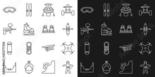Set line Bungee jumping, Drone flying, Kayak or canoe, Snowmobile, Roller skate, Paintball gun, Ski goggles and Snowboard icon. Vector
