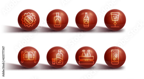 Set line Bottle cap, Saloon door, Wine glass, Pack of beer bottles, Vodka with pepper and, Whiskey, Effervescent tablets water and Beer icon. Vector