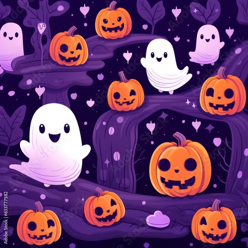 Halloween seamless pattern design with ghost, pumpkin. Flat cartoon illustration. Generative Ai.