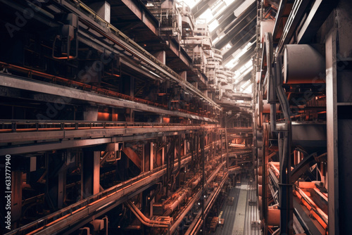 A low-angle shot of a high-tech automated warehouse - Generative AI