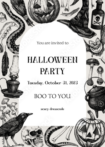 Vintage Halloween wframe design. Hand drawn vector illustration. Skull, bones, pumpkin, poisonous mushrooms, snakes, raven sketch. Halloween party invitation, flyer, poster, book cover, card template