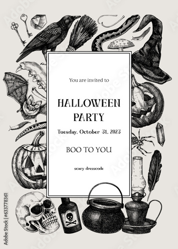 Vintage Halloween wreath design. Hand drawn vector illustration. Realistic skull, bones, pumpkin, poisonous mushrooms, snakes, raven sketches. Halloween party invitation, flyer, poster, card template