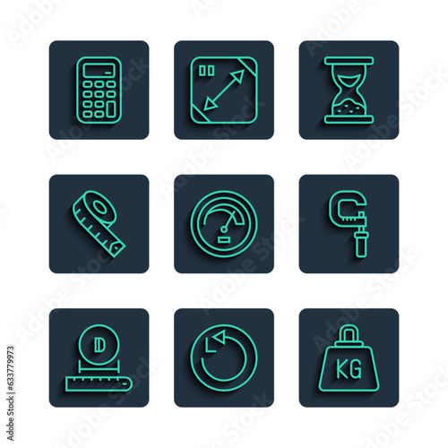 Set line Diameter, Radius, Weight, Old hourglass with sand, Speedometer, Measuring tape, Calculator and Micrometer icon. Vector