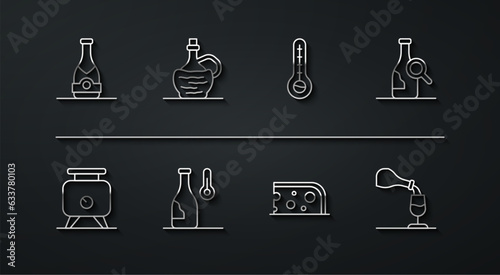 Set line Champagne bottle, Fermentation of grapes, Bottle wine, Cheese, Wine temperature, italian fiasco, tasting, degustation and Meteorology thermometer icon. Vector