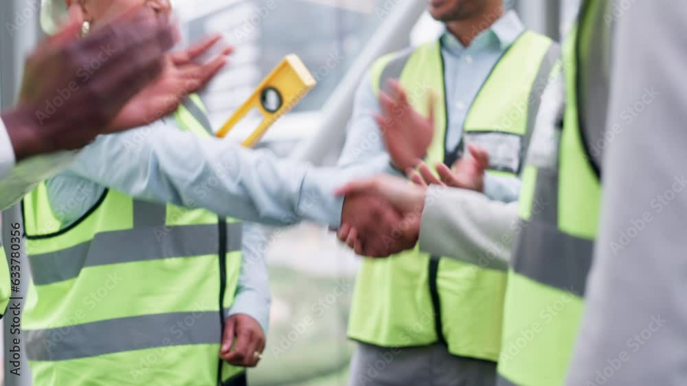 Engineering people, handshake and applause for construction meeting, congratulations or building success. Industry worker, architecture team and shaking hands or clapping for partnership and teamwork