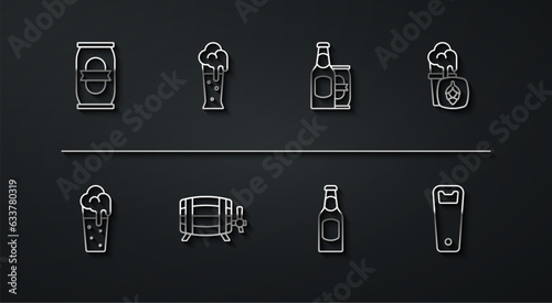 Set line Beer can, Glass of beer, bottle, Wooden barrel, Bottle opener and and icon. Vector