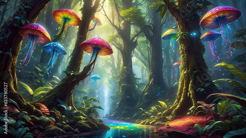 fantasy forest, Magical colorful forest with flying mushrooms and blue waterfall