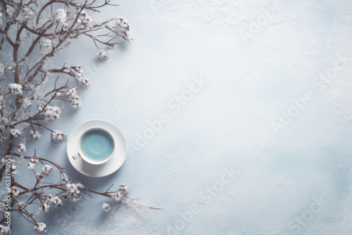 Icy blue winter background with cold flowers and cup of coffee with empty copy space. Christmas holiday concept