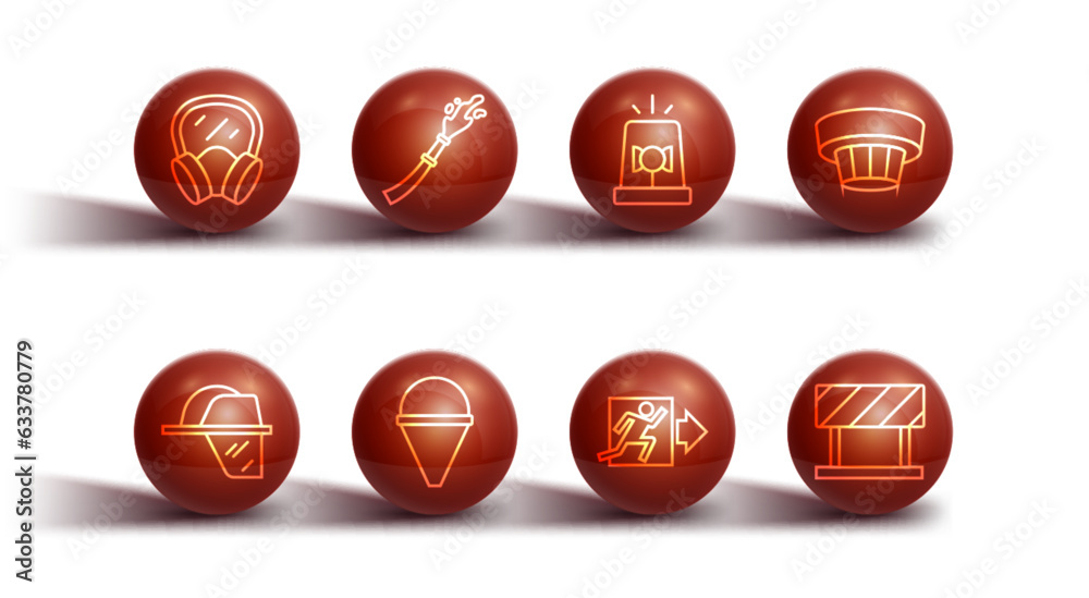 Set line Gas mask, Firefighter helmet, Smoke alarm system, exit, cone bucket, hose reel, Road barrier and Flasher siren icon. Vector